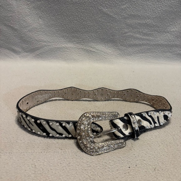 Nocona Other - Nocona Western Belt Girls 20 Zebra Print Calf Hair Scalloped Edges Rhinestones